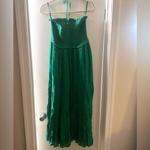 Green Strapless Midi Dress with Rufles. Can be worn halter or strapless!